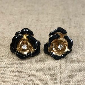 Black & Gold Tone Floral Stud Earrings